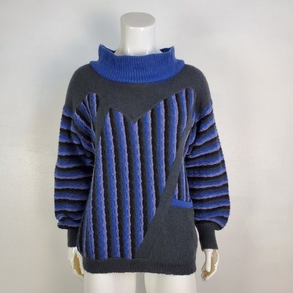 Vintage 80's Annette Gray Blue Mohair Striped Sweater